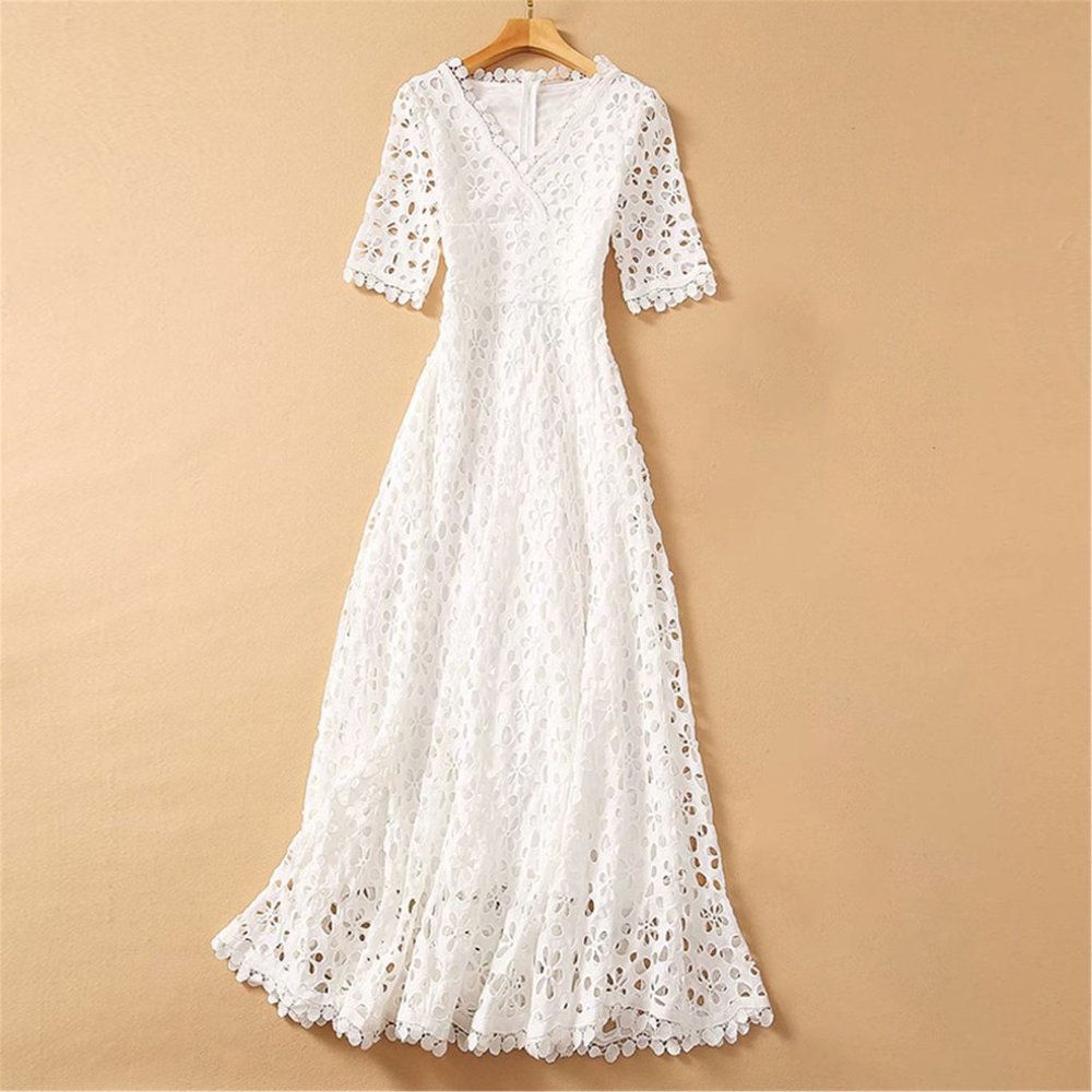 White Half Sleeve High Waist Hollow Out Dresses